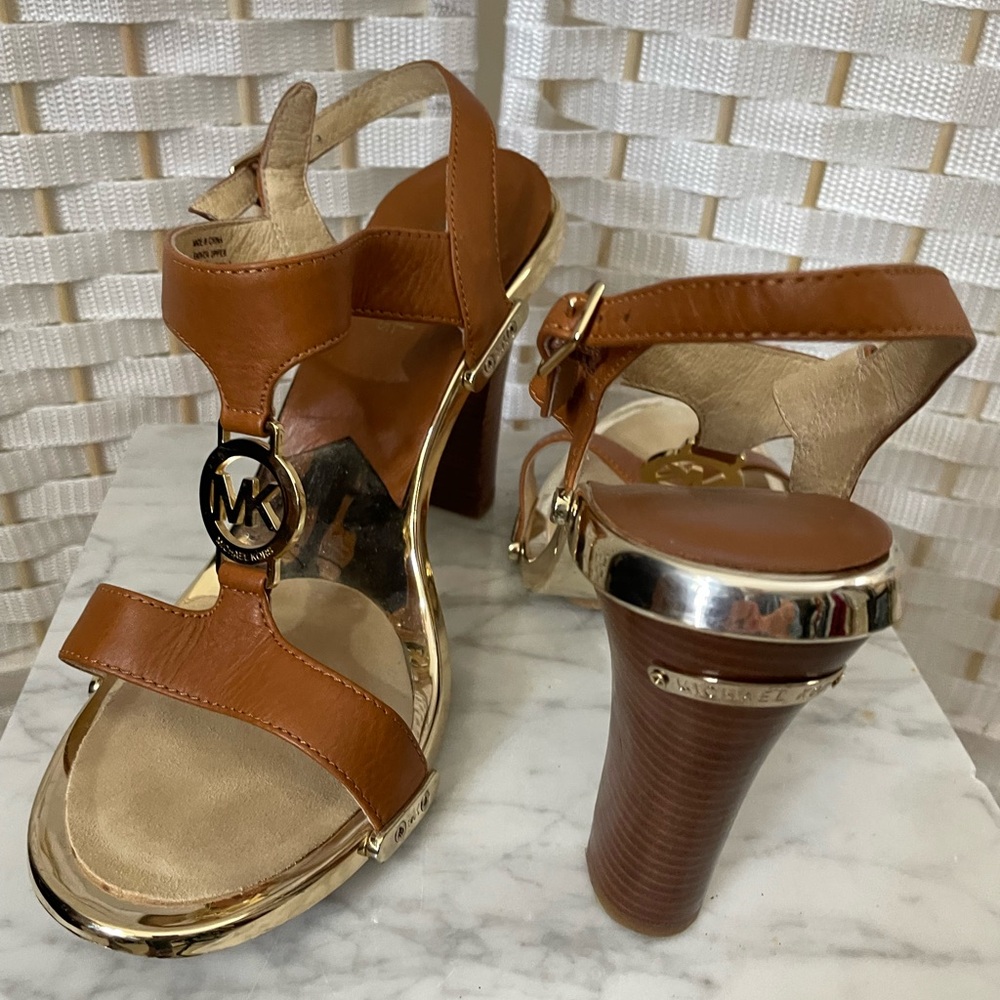 Michael Kors Brown Leather Gold Accent Block Heel Sandals